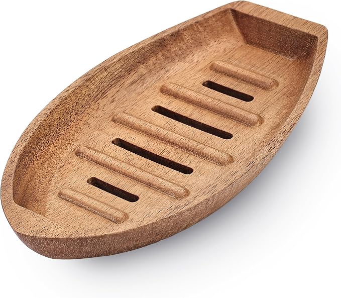 Acacia Wooden Soap Dish with Self Draining, Funny and Modern Multi Shape Design, Soap Holder for Sink Countertop, Shower & Bathroom Soap Tray。 (Boat-5.9"x3.74"x0.86")