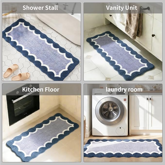 Scalloped Blue Bathroom Rugs Mat,Non Slip Absorbent Quick Dry Bath Mats for Shower Room,Plush Microfiber Bath Rug for Bathroom Floor Washable Carpet for Shower Tub Sink Bedroom,17"x47"