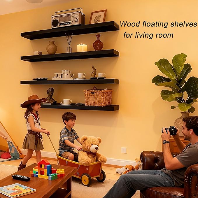 ROGMARS Black Floating Shelves for Wall 36 inch,Rustic Solid Wood Farmhouse Wooden Floating Wall Shelves with Invisible Brackets for Bedroom,Living Room, Kitchen, Bathroom,Set of 4