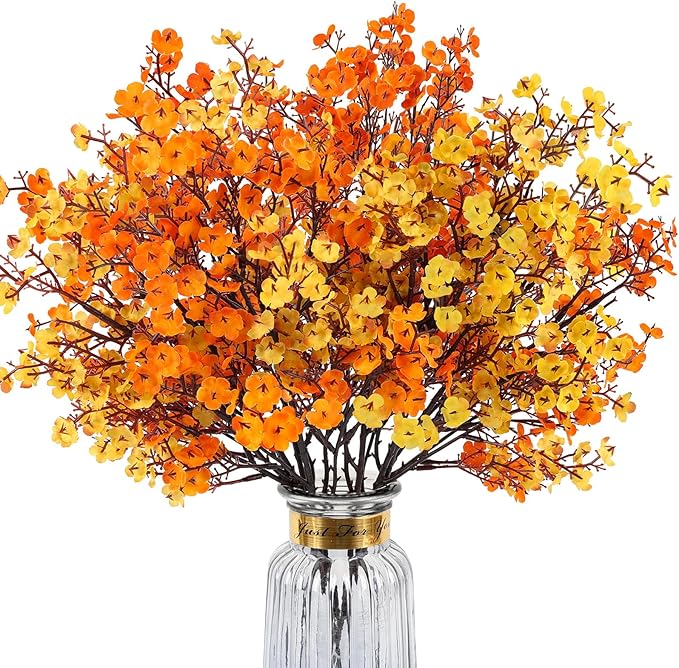 8Pcs Babys Breath Artificial Fake Fall Flowers, Real Touch Orange Yellow Plants Silk Flowers for Vase Home Office Wedding Indoor Outdoor Centerpiece Table Party Autumn Christmas Decorations