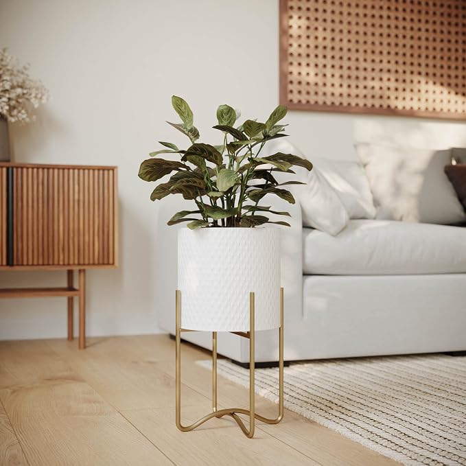 EverNest Claire Mid-Century Modern White Plant Pot with Ambrose Stand, SelectBase, Indoor Plant Pot, Bohemian Style, Minimalist Plant Home Décor (Set of 3, Gold)