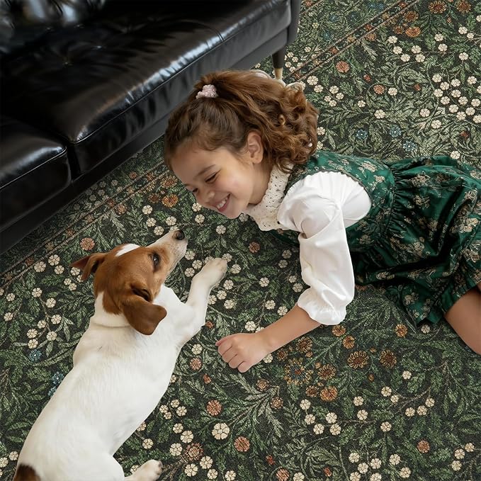 DCX Green 8x10 Area Rugs, Machine Washable Non Slip Stain Resistant Soft Vintage Floral Rug, for Living Room, Bedroom, Playroom, Soft Low Pile Large Carpet