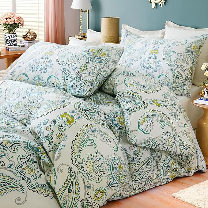 100% Cotton Floral Duvet Cover King - Green Paisley Comforter Cover 3-PC, Soft & Breathable Bedding Duvet Cover Sets with Zipper Closure & Corner Ties, Retro Duvet Cover Sets