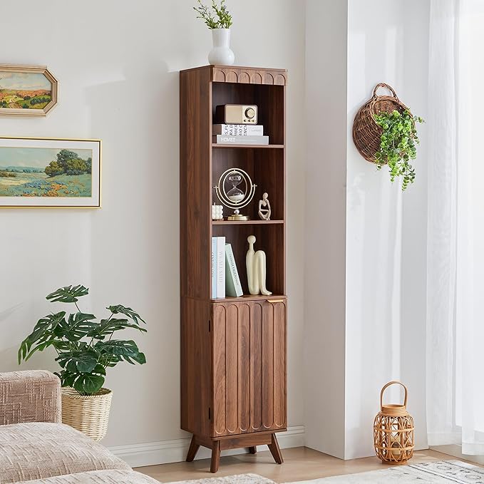 Tall Narrow Bookshelf with Door, Mid Century Modern Bookcase, 71" Slim Storage Cabinet with Adjustable Shelves, Modern Open Display Storage Organizer for Living Room Bathroom Office, Walnut