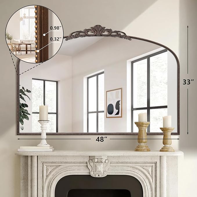 Micasso Large Bronze Vintage Mirror: 48"x33" French Baroque Antique Arched Mirror - Traditional Ornate Decorative for Wall/Fireplace/Mantel/Entryway/Bathroom/Hallway - Home Decor for Living Room