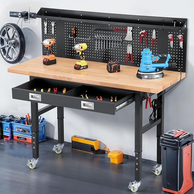 Workbenches for Garage Work Bench with Wheels 60 Inch Adjustable Rubber Wood Top Garage Workbench with Drawers, Pegboard, Power Outlets for Woodworking, Home, Office, Workshop