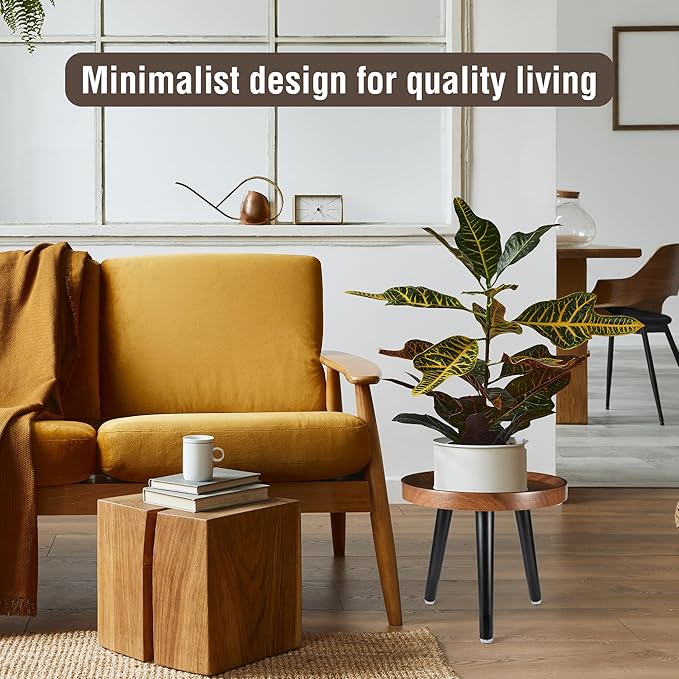 KGPLOME Indoor Plant Stand,Wood Mid Century Plant Table in Walnut Finish,Tall Plant Stand for Flower Pot,Modern Round Small Side End Table with Raised Design (Walnut, 12"x10.8" 2 Pack)
