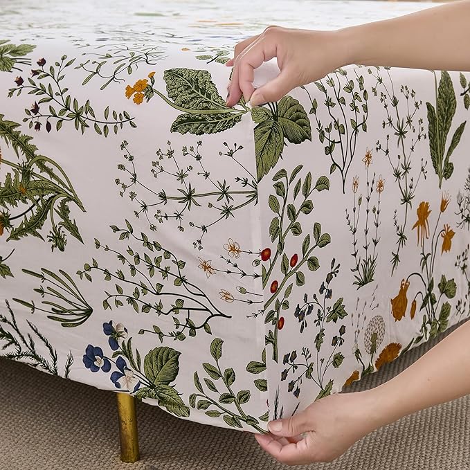 100% Cotton Sheet Set King Size – 4-Piece Vintage Green Floral Bedding Set, Soft Breathable Percale Weave, Deep Pocket Fitted Sheet 17.5", Crisp Cool Feel, Refined Botanical Elegance