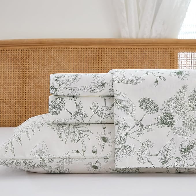 100% Cotton Sheet Set Queen Size – 4-Piece Chic Garden Floral Bedding Set, Soft Breathable Percale Weave, Deep Pocket Fitted Sheet 17.5", Crisp Cool Feel, Refined Botanical Elegance