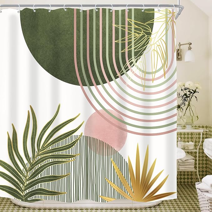 KOMLLEX Mid Century Sage Green Pink Boho Shower Curtain 72Wx72L Inches Abstract Modern Shower Curtains for Bathroom Plant Botanical Minimalist Arch Sun Fabric Liner Waterproof Polyester 12 Pack Hooks