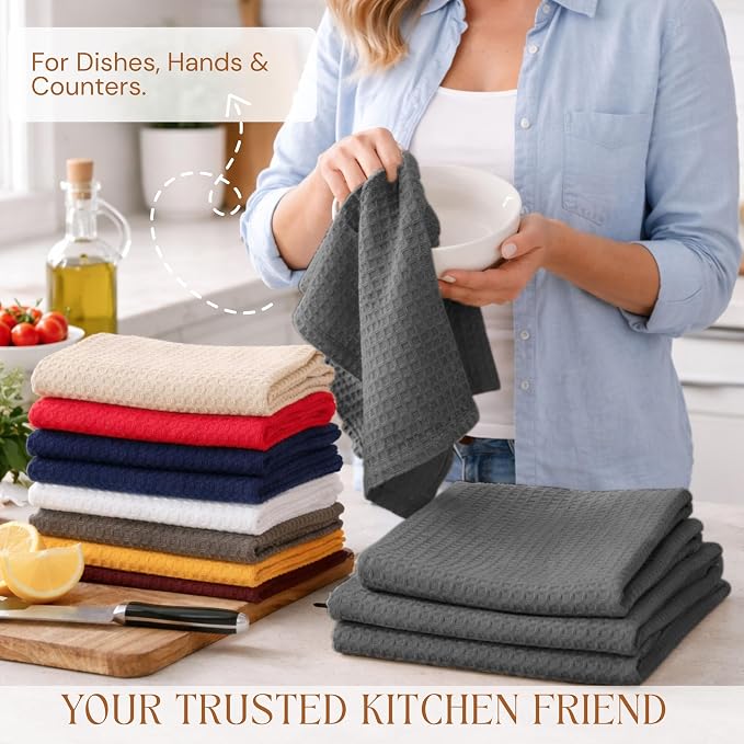 Gray Waffle Kitchen Dish Towels, 100% Cotton, Quick Dry, Super Absorbent, Soft, 16x26 Inches - Ideal for Dish Drying, Bar, Tea, Cleaning, and Everyday Use, 4 Pack, Grey