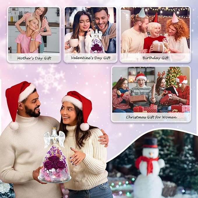 ANWEAO Christmas Flower Gifts for Mom,Angel Rose Gifts for Women,Glass Angel Figurine with Preserved Three Purple Roses,Forever Flowers Women Christmas Birthday Gifts for Mom Grandma Wife Her Friend