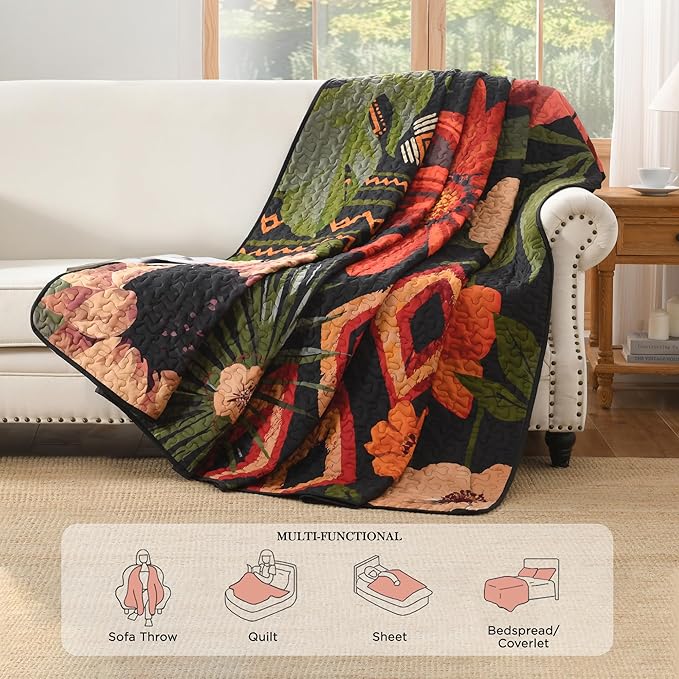 Andency Floral Boho Queen Quilt Bedding Set Black, 3 Pieces Farmhouse Flower Botanical Summer Bedspreads with 2 Shams, Soft Reversible Lightweight Microfiber Coverlet Set for All Season, 90"x96"