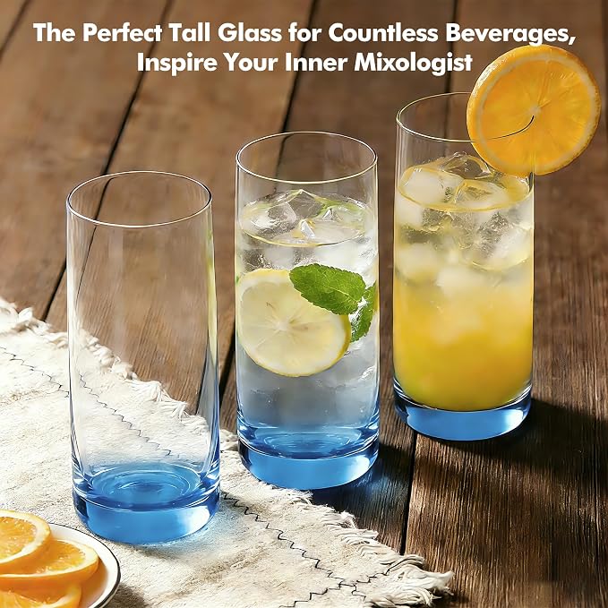 Blue Highball Glasses Set of 6,13oz Drinking Glass Cups for Mixed Drink Cocktail, Beer, Mojito, Water and Juice,Thick Tall Crystal Glassware for Kitchen, Restaurant, Home Bar and Parties