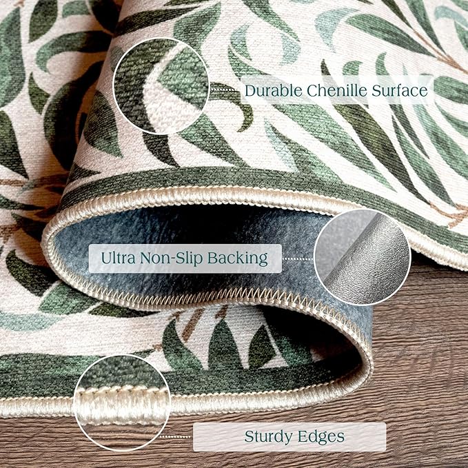 3x5 Boho Entry Rug - Small Washable Indoor Outdoor Mats for Front Door Non-Slip Porch Rug Sage Green Botaniacal Leaf Throw Rugs for Living Room Bedroom Entryway Kitchen Office Porch Decor