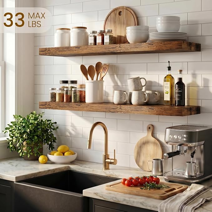 Dreamland Floating Shelves for Wall, 27.5 Inch Long Shelves, Wall Decor for Bedroom, Kitchen, Living Room & Book Storage, Mounted Floating Shelf with Invisible Brackets, Set of 2, Rustic Brown