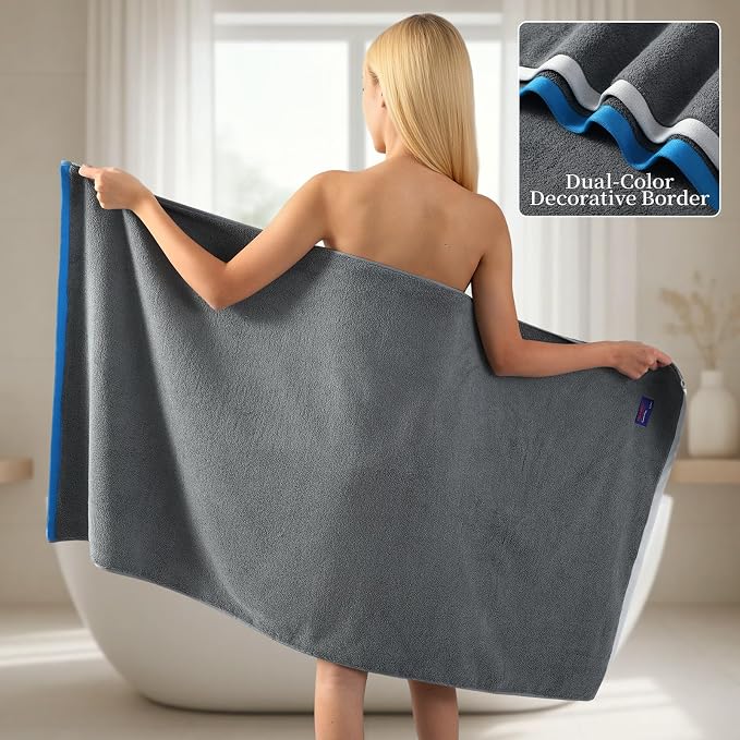 REDKISS 2 Pack Cotton Bath Towels, Soft Absorbent 600 GSM, 27x54 Inch | Quick Dry | Reinforced Stitching | Modern Contrast Border Design | Machine Washable | Bathroom, Gym|Spa & Guest Use | Gray