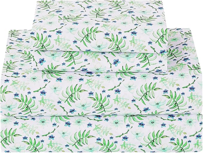 Softan Green Floral Queen Sheet Set, Cozy Botanical Microfiber Printed Fitted Bed Sheet with 15" Deep Pockets & Non-Slip Straps, Fresh Greenery Blooms Patterned Sheets & Pillowcase Set