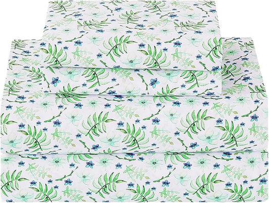 Softan Green Floral Queen Sheet Set, Cozy Botanical Microfiber Printed Fitted Bed Sheet with 15" Deep Pockets & Non-Slip Straps, Fresh Greenery Blooms Patterned Sheets & Pillowcase Set