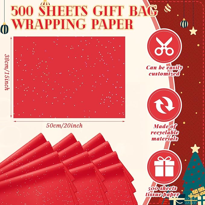 Qilery 500 Sheets Christmas Glitter Red Tissue Paper Bulk 15 x 20 Inch Sparkle Wrapping Paper for Gift Bags Acid Free Tissue for Christmas Craft Supplies, Bouquets, Garlands, Forming Pompoms, Wedding
