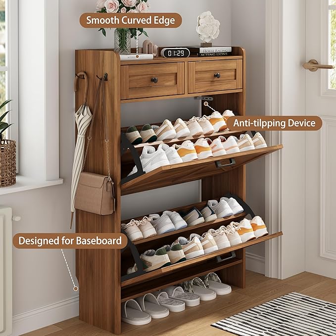 Shoe Cabinet with 2 Flip Drawers & 2 Top Drawers, 43" Tall Freestanding Narrow Wooden Shoe Storage Organizer for Entryway, Hidden Slim Shoe Rack for Front Door Entrance, Hallway, Living Room, Walnut
