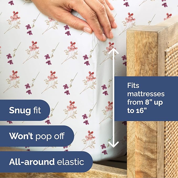 Floral Sheets - Pink & Purple Floral Bed Sheet Set - 1 Flat, 1 Fitted & 2 Pillowcases w/ Deep Pockets - Comfy, Wrinkle & Fade Free - Boho Botanical Bedding - Soft, Breathable & Cooling - Full Size Set