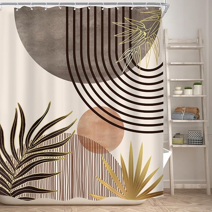 KOMLLEX Mid Century Boho Shower Curtain for Bathroom Decor Abstract Grey Modern Minimalist Brown Aesthetic Sun Arch Curve Leaves Geometric Neutral Fabric Waterproof Polyester 12 Pack Hook 60Wx72H
