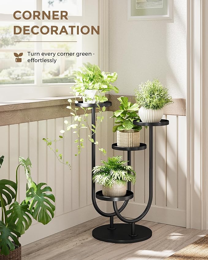 Bamworld Upgraded Outdoor Plant Stand Metal Plant Stand Indoor Corner Plant Stands 4 Pots Plant Shelf for Tall Plant Holder Black Plant Shelves for Living Room Bedroom Midcentury Modern Home Decor