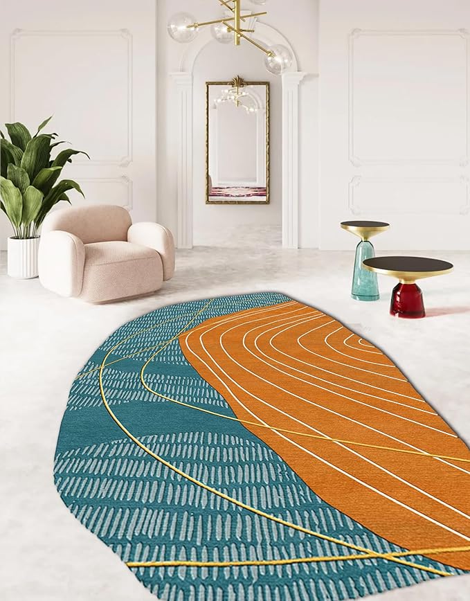 Teal Blue Orange Geometric Lines Abstract Irregular Rug 7x10 Mid Century Modern Washable Carpet for Living Room Bedroom Diningroom Durable Big Area Rug Boho Art Laundry Bathroom Kitchen Non Skid Mat
