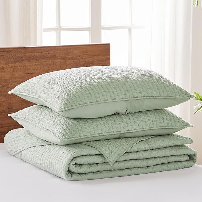 Levtex Home Cross Stitch Reversible Twin Bedspread Set (84x104in) with 1 Pillow Sham (26x20in) - Stitch Texture - Desert Sage - Cotton Twin Size Bedspread Set - Lightweight, Soft, Pre-Washed