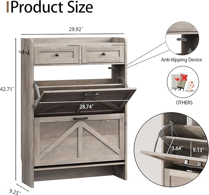 Shoe Cabinet with 2 Flip Drawers & 2 Top Drawers, 43" Tall Freestanding Narrow Wooden Shoe Storage Organizer for Entryway, Hidden Slim Shoe Rack for Front Door Entrance, Hallway, Living Room, Grey