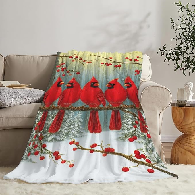 Cardinal Throw Blanket Red Bird Blanket Cardinal Soft Cozy Fleece Fuzzy Stuffed Plush Flannel Gifts for Girls Women Boys Kids Adults 50"X60"