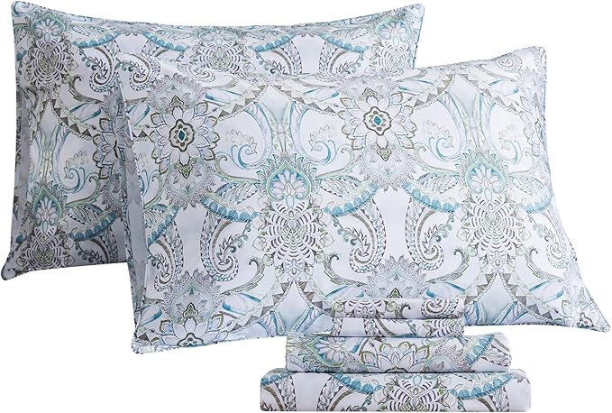 FADFAY Blue Paisley Sheets Set Cal King Boho Paisley Bedding Bohemian Damask Paisley Bed Sheet Breathable 100% Egyptian Cotton 800 Thread Count Deep Pocket Fitted Sheet 4Pcs, California King Size