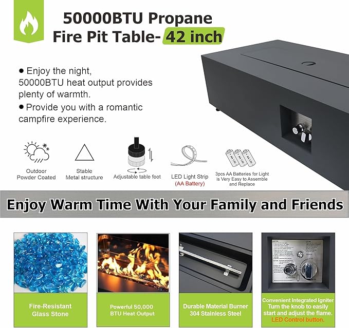 2-Piece 42" LED Rectangular Propane Fire Pit for Outside Patio with Hidden Tank Table, 50,000 BTU Fireplaces with Glass Wind Guard, Lid, Glass Rocks, Cover(Black w/Warm Light)