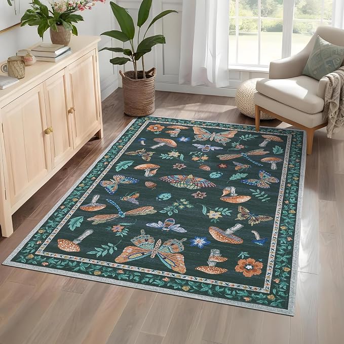 5x7 Washable Mushroom Floral Small Rug Non Slip Living Room Vintage Area Rug Low Pile Soft Bedroom Rugs Non Shedding Kitchen Rugs Boho Retro Indoor Carpet for Kids Nursery Room, Black