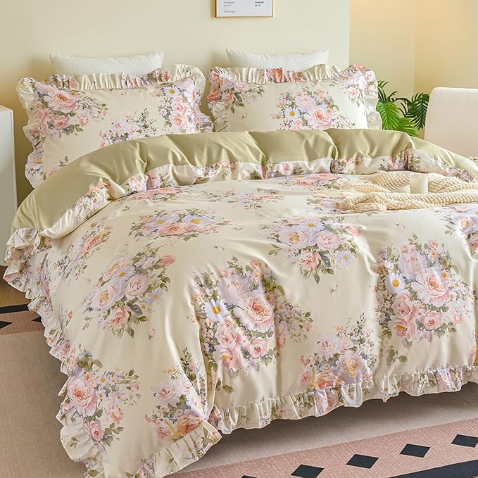 Ruffle Floral Duvet Cover Set 100% Cotton King Size, Shabby Blush Pink Cream Rose Comforter Cover, Satin Weave, Soft & Breathable, French Country Cottagecore Bedding 3Pcs-Not Comforter