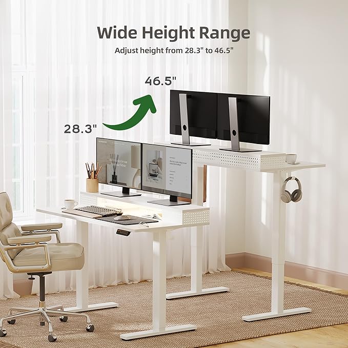 Claiks Electric Standing Desk with Shelf, 48 Inch Height Adjustable Standing Desk with LED Lights & Monitor Stand, White Frame/White Top