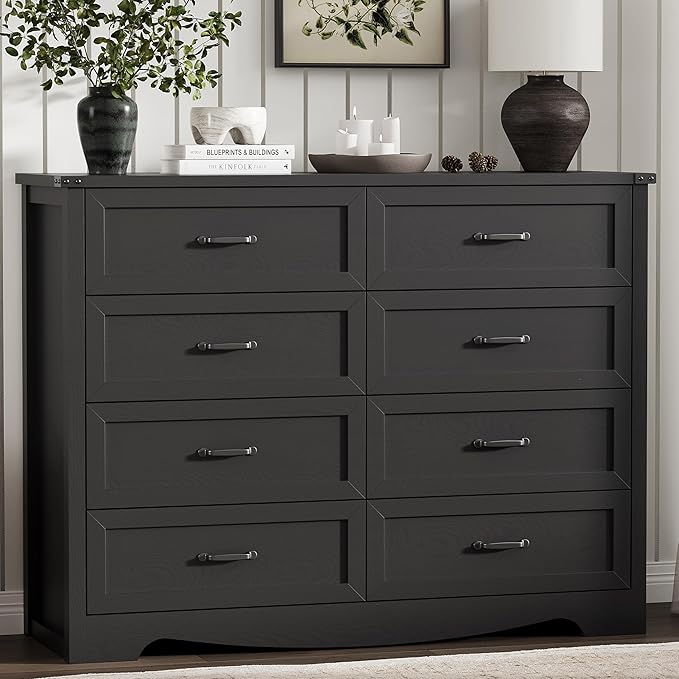 Dresser for Bedroom with 8 Drawers, 54" Wide Wood Chest of Drawers with Deep Drawers & Mental Handle, Modern Dresser TV Stand, Wooden Closet Storage Organizer for Living Room, Hallway, Entryway, Black