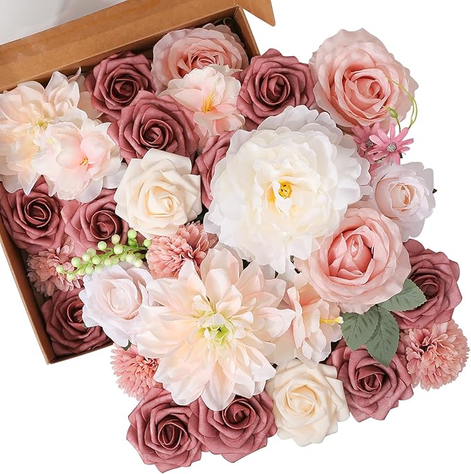 Floweroyal 2 Layers Artificial Flowers Combo Pink Flowers Mix Silk Flowers Dahlia Roses with Stems for Wedding Bridal Bouquets, Baby Shower, Floral Arrangement, Table Centerpieces