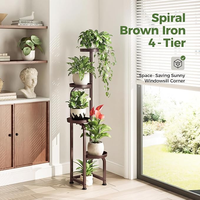 Bamworld Corner Plant Stand Indoor Outdoor, Tall Metal Flower Pot Stands for Multiple Plants, 4 Tier Brown Heavy Duty Plant Shelf for Patio Garden Balcony Living Room Bedroom(Patent Design)