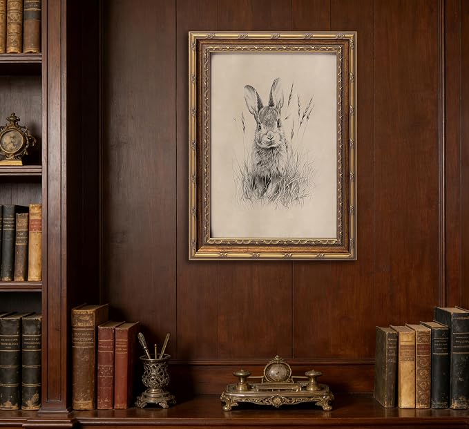 Vintage Gold Framed Easter Bunny Canvas Wall Art Vintage Rabbit Wall Decor Spring Farmhouse Animal Sketch Print Artwork Sketch Rabbit painting Picture for Farmhouse Bedroom Living Room 9X11in