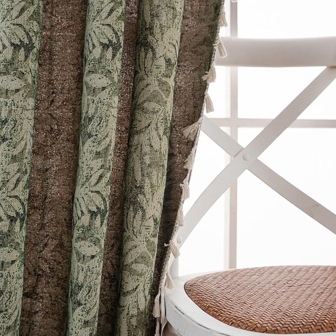 ENJOYBRIDAL Green Leaf 63 Inch Curtains 2 Panel Set Farmhouse Short Drapes Semi Sheer Rod Pocket Bedroom Rustic Window Curtain Panels Living Room Boho Aesthetic Country Tassel Window Treatments