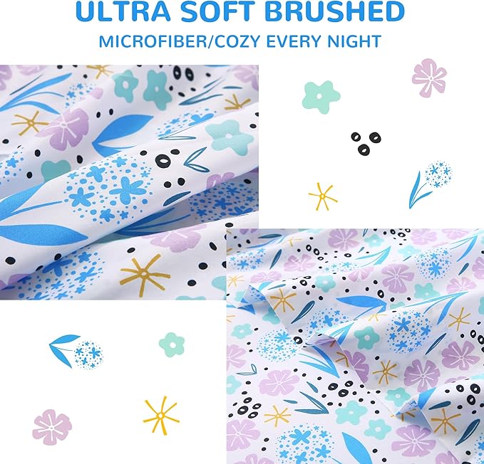 Viviland 3 Pieces Girls Purple Floral Twin Sheet Set - Soft Microfiber Fitted Flat Sheets & Pillowcase - Purple Colorful Flower Print Bedding Sets - for Kids & Toddlers