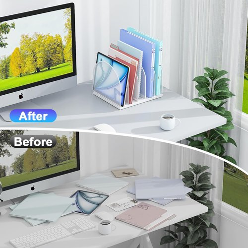 Gianotter Desktop File Organizer - 5-Compartment Desk Organizer for Office Supplies | White Upright Style