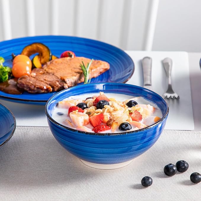 vancasso Bonita Stoneware Dinnerware Sets 24 Pieces Service for 6, Hand-Painted Spiral Dishes Set, Ceramic Kitchen Plates and Bowls Sets-Microwave and Dishwasher Safe (Blue,24 Pcs)