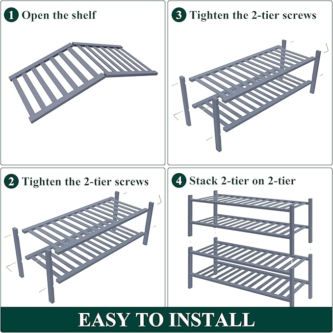 Smiry Bamboo Shoe Rack for Closet, 4 Tier Wooden Stackable Shoe Organizer, Free Standing Shoes Storage Shelf for Entryway, Front Door Entrance, Grey