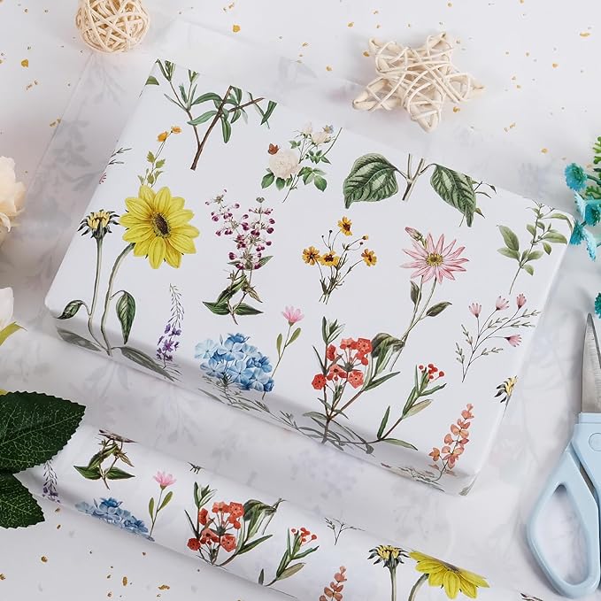 RayofSun Floral Wrapping Paper Roll 17 in x 32 ft Mini Roll Yellow Flower Wildflowers Plants Gift Wrap Paper for All Occasion Wedding Birthday Bridal Shower Party Baby Shower Christmas