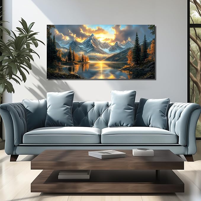 JuhaiArt Mountain Lake Canvas Wall Art Landscape Picture Artwork Gold Wall Decor for Living Room Bedroom Office Sunset Poster 24" x 48"
