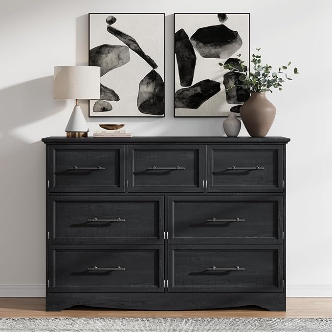 Black Dresser for Bedroom, Modern 7 Chest of Drawers, 47" Wide Chest of Drawers w/Brushed Metal Handle, Wood Closet Organizers and Storage Cabinet for Bedroom, Living Room, Hallway