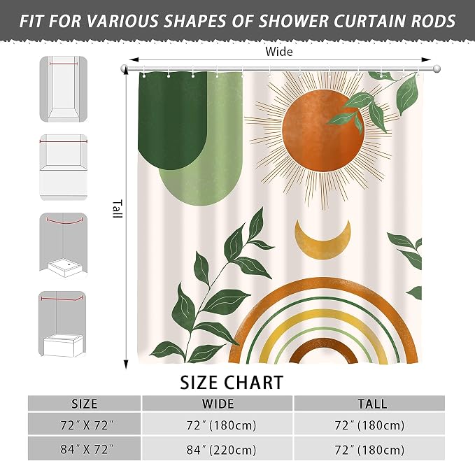 Mid Century Abstract Boho Aesthetic Shower Curtain Set, Green Nature Leaf Sun Modern Minimalist Home Bathroom Curtain Decor with 12 Hooks 84 Inch Wide * 72 Inch High
